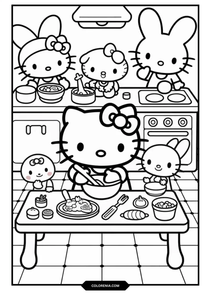 Hello Kitty Friends Cooking Class Coloring Page - Culinary Learning