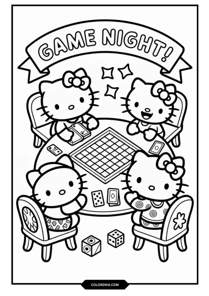 Hello Kitty Game Night Board Games Coloring Page - Social Fun