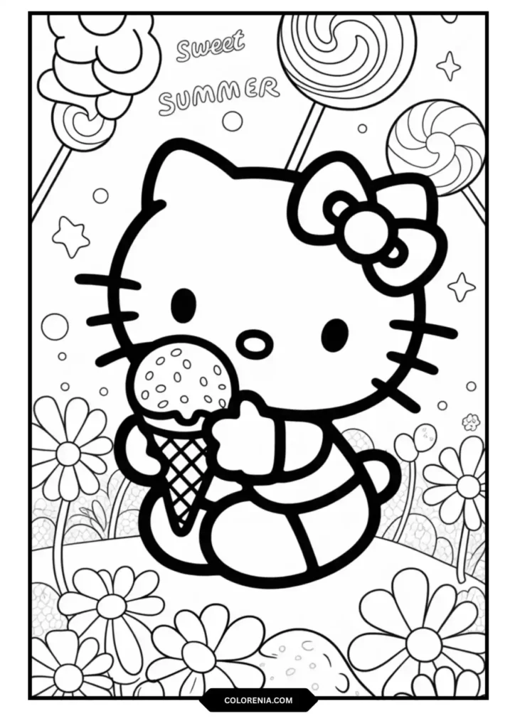 Hello Kitty Ice Cream Summer Treat Coloring Page - Sweet Fun