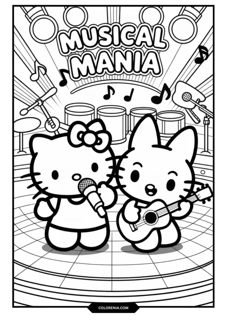 Hello Kitty Kuromi Concert Stage Coloring Page - Musical Performance