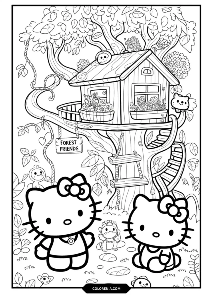Hello Kitty Monkichi Tree House Adventure Coloring Page - Forest Fun