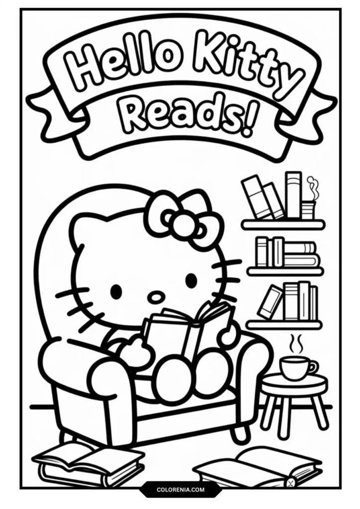 Hello Kitty Reading Book Educational Coloring Page - Learn Fun