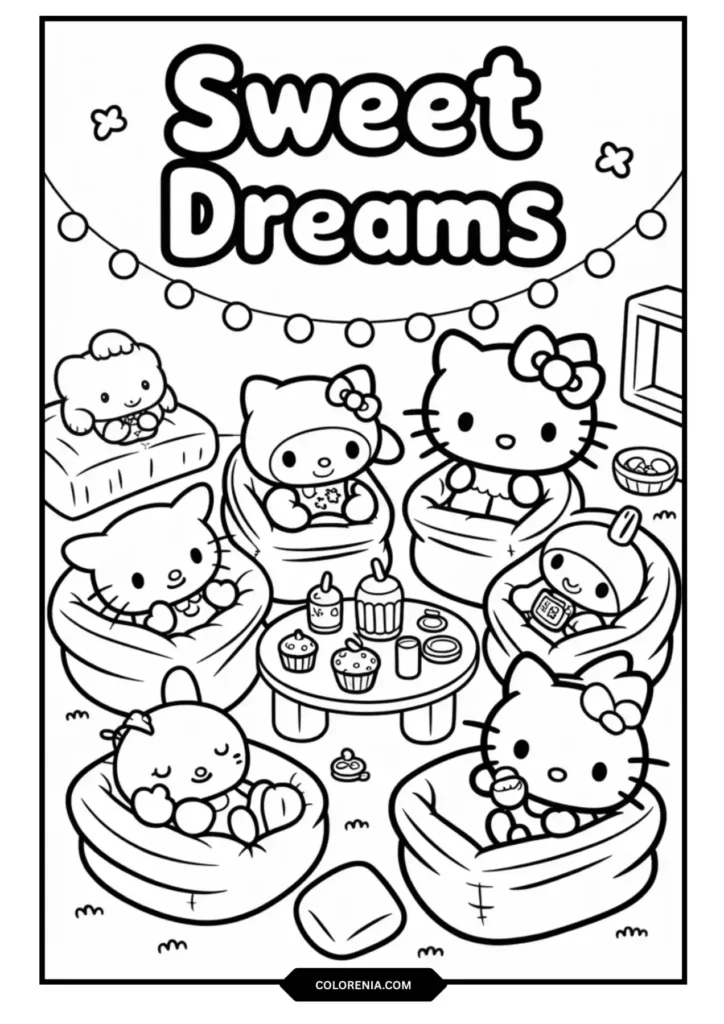 Hello Kitty Sanrio Sleepover Pajama Party Coloring Page - Friendship Fun