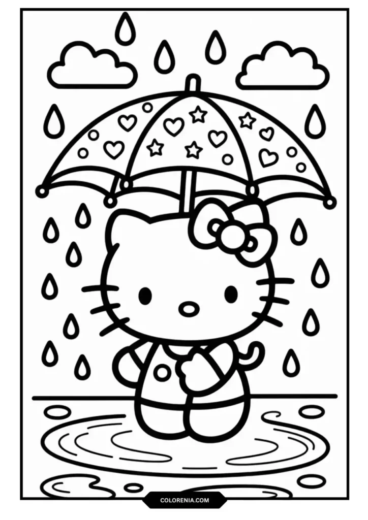 Hello Kitty Umbrella Rainy Day Coloring Page - Weather Theme