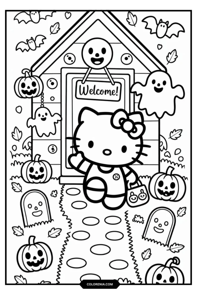 Hello Kitty wearing a simple white ghost sheet with holes for eyes
