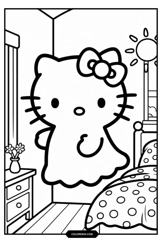 Hello Kitty as a friendly white ghost with her distinctive features
