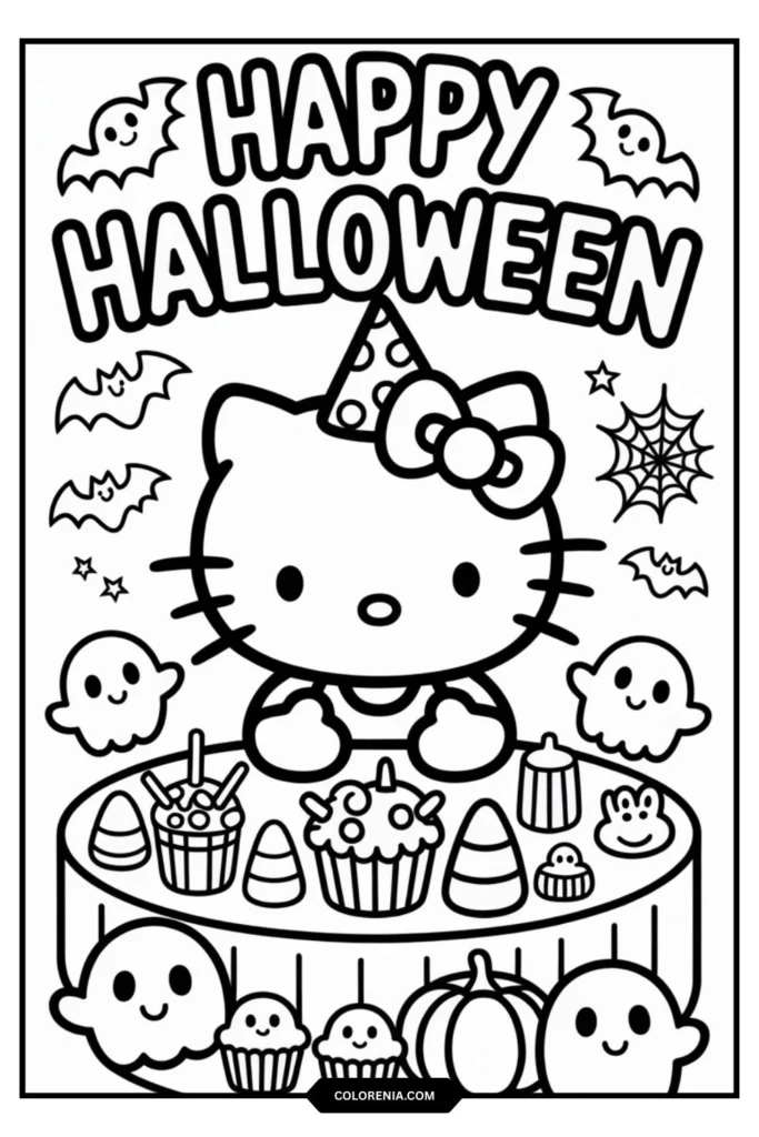 Hello Kitty at party table with Halloween treats