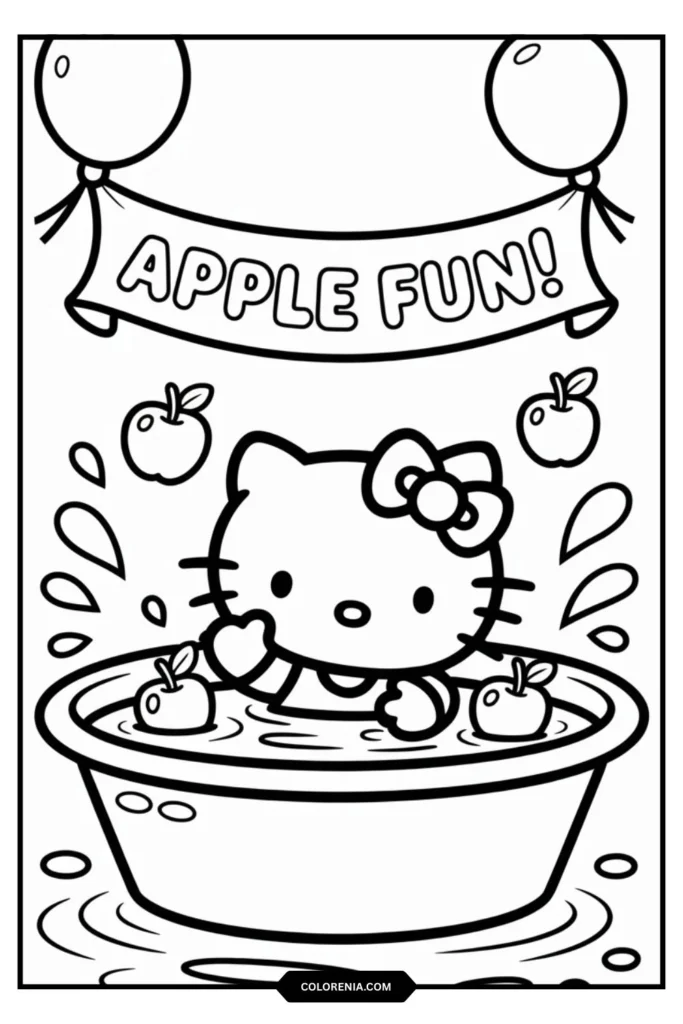 Hello Kitty at simple tub trying to catch apples
