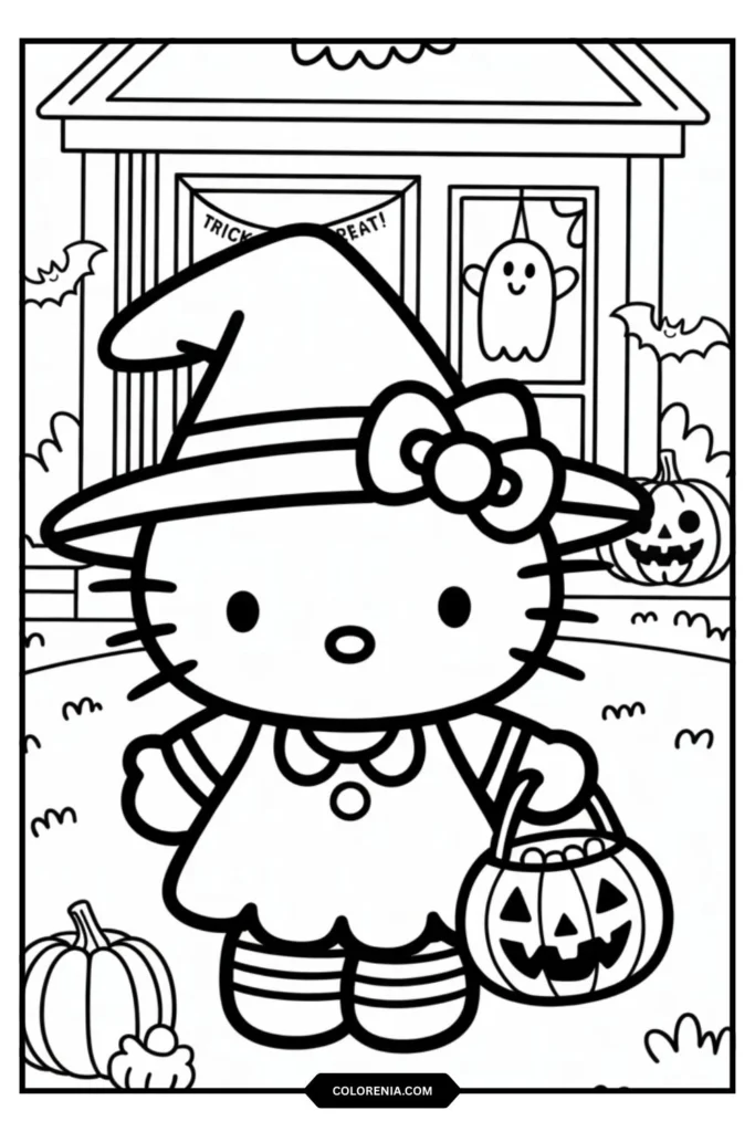 Hello Kitty in simple costume holding candy bag