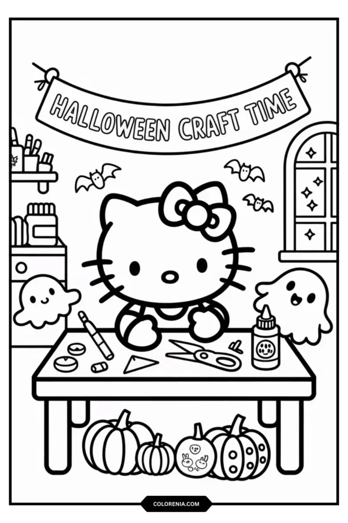 Hello Kitty making Halloween crafts at simple table with scissors, glue