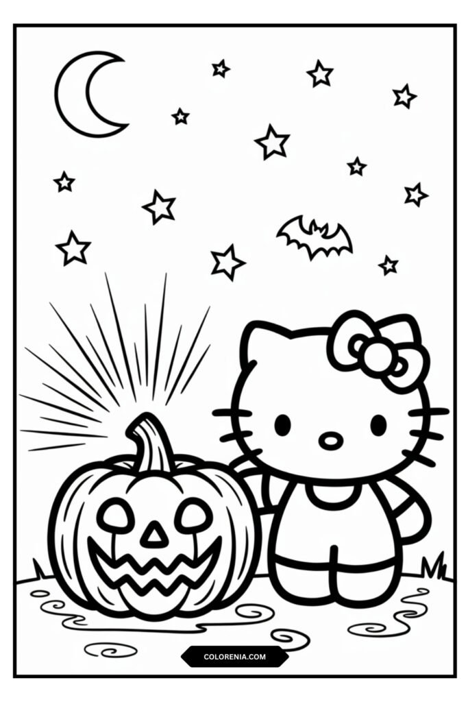 Hello Kitty night pumpkin coloring page