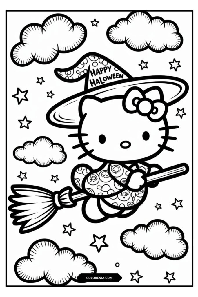 Hello Kitty riding a broomstick through the night sky