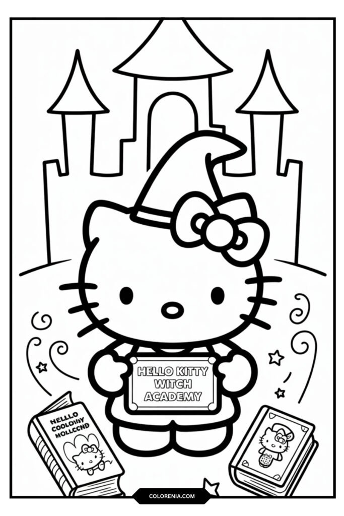 Hello Kitty witch graduation coloring page