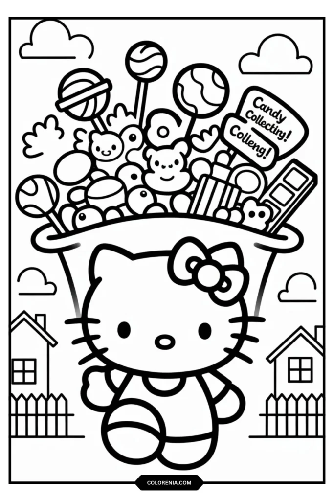 Hello Kitty with large bag overflowing with various candy shapes