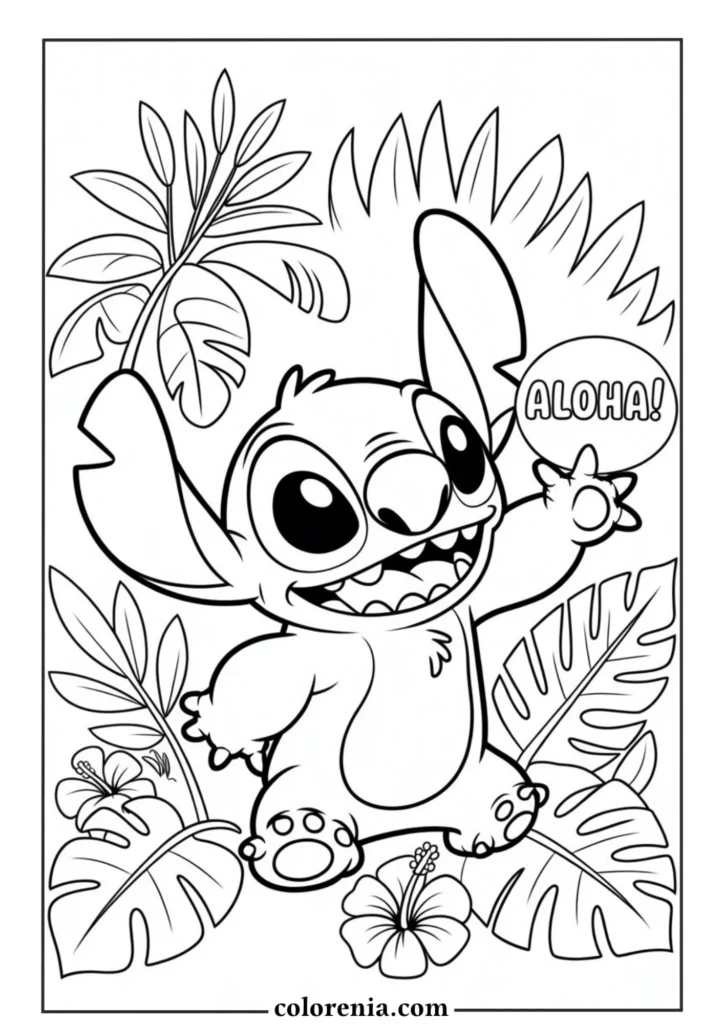 Kawaii Stitch with floral background – fun and cute Disney printable sheet.