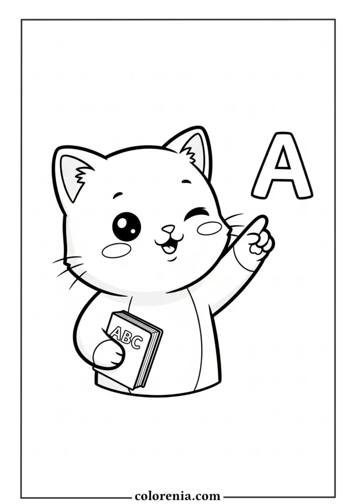 Kitten holding letter A coloring sheet