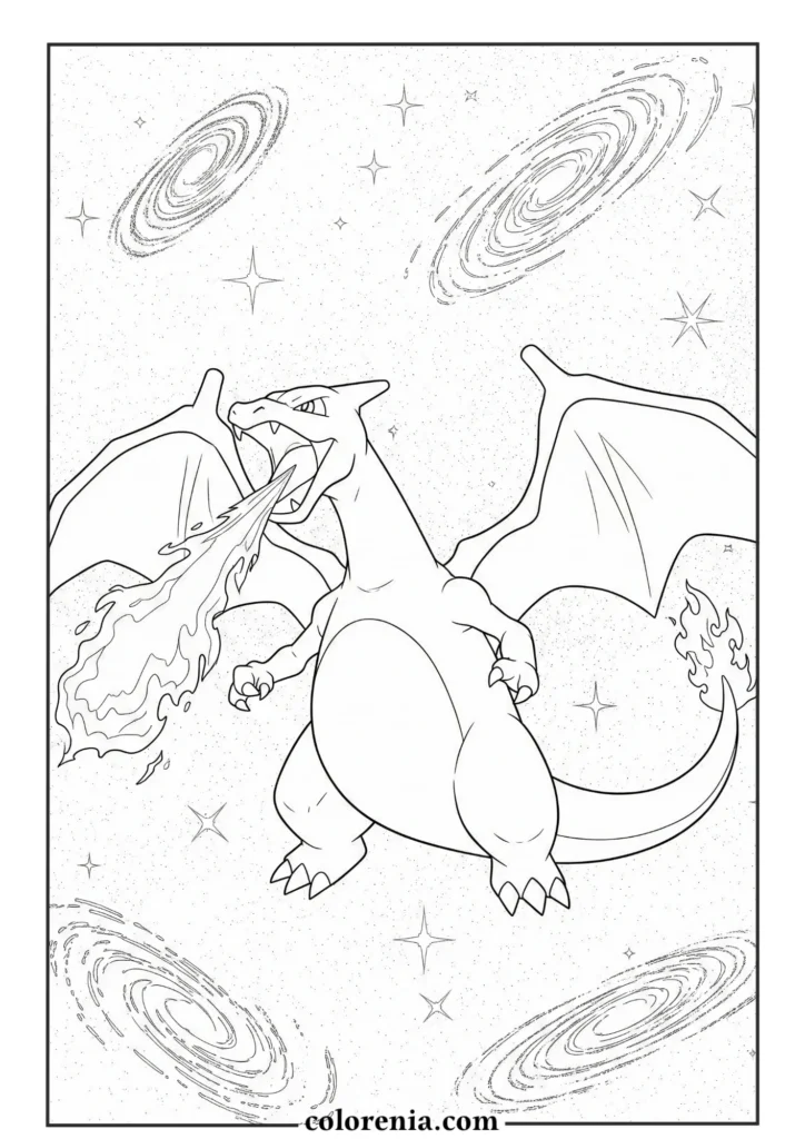Legendary pokemon coloring sheet featuring Charizard and Dragonite in action.