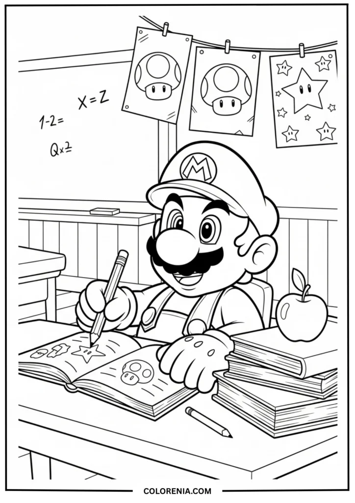 Mario Drawing with Giant Pencil at School Desk