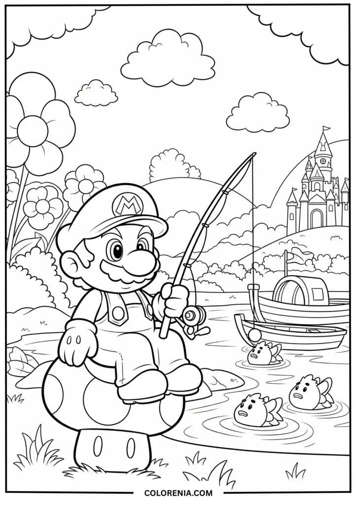 Mario Fishing by the Lake with Mushroom Kingdom Castle