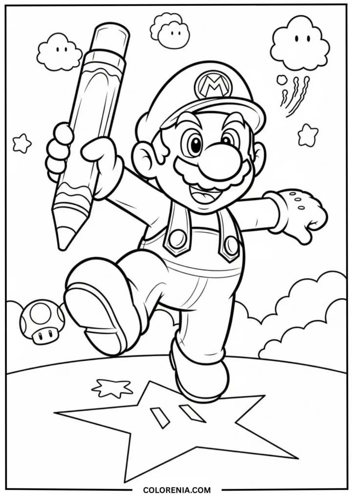 Mario Holding Pencil with Stars and Mushroom Power-Up