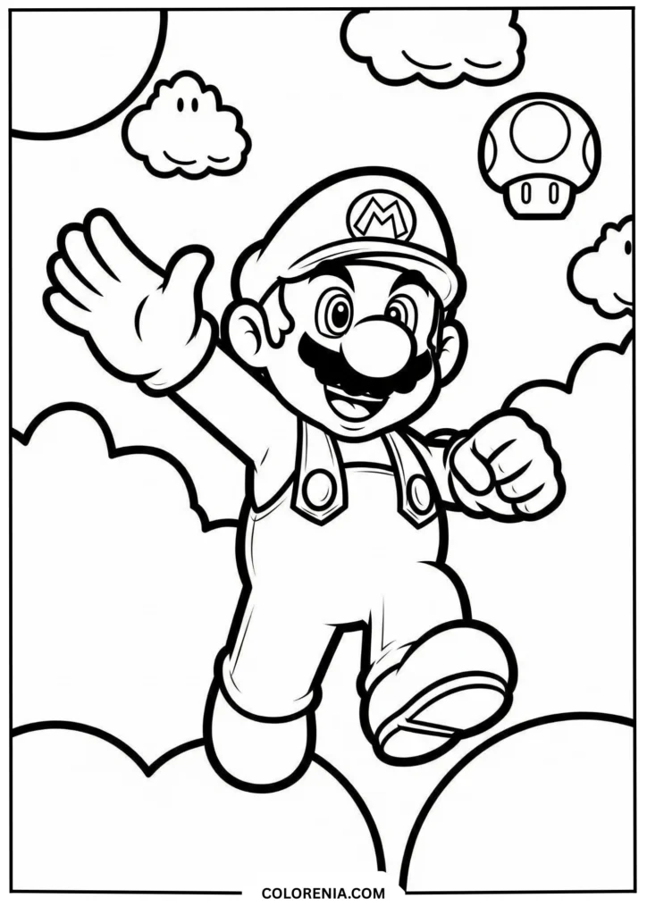 Mario Jumping Through the Clouds with Mushroom Power-Up