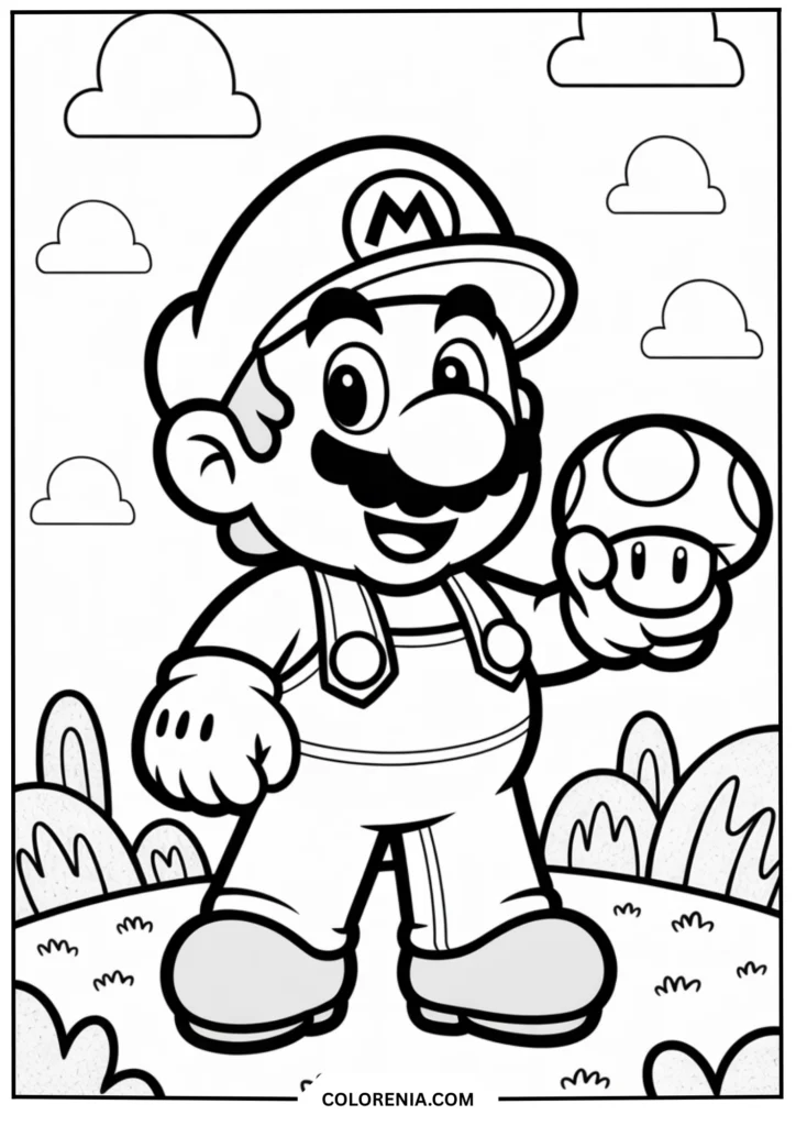 Mario Jumping with Clouds and Mushroom Power-Up