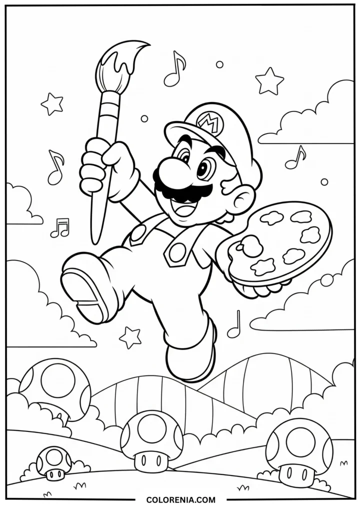 Mario Painting with Palette and Brush in Mushroom Fields