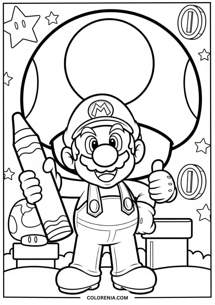 Mario Smiling with Big Pencil and Mushroom Backdrop