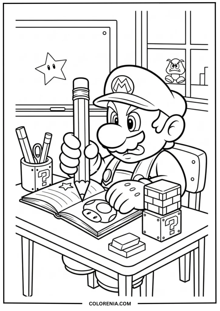 Mario Studying at Desk in Classroom