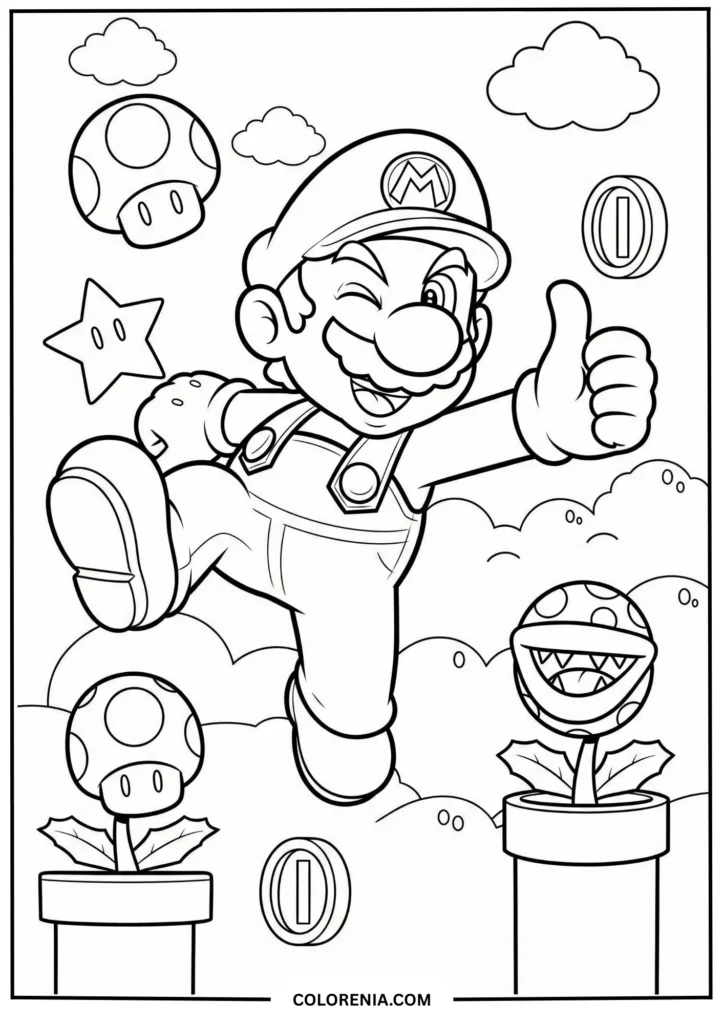 Mario Winking and Jumping with Coins and Piranha Plants