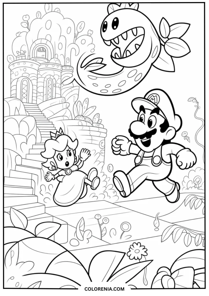 Mario and Peach Running from a Piranha Plant