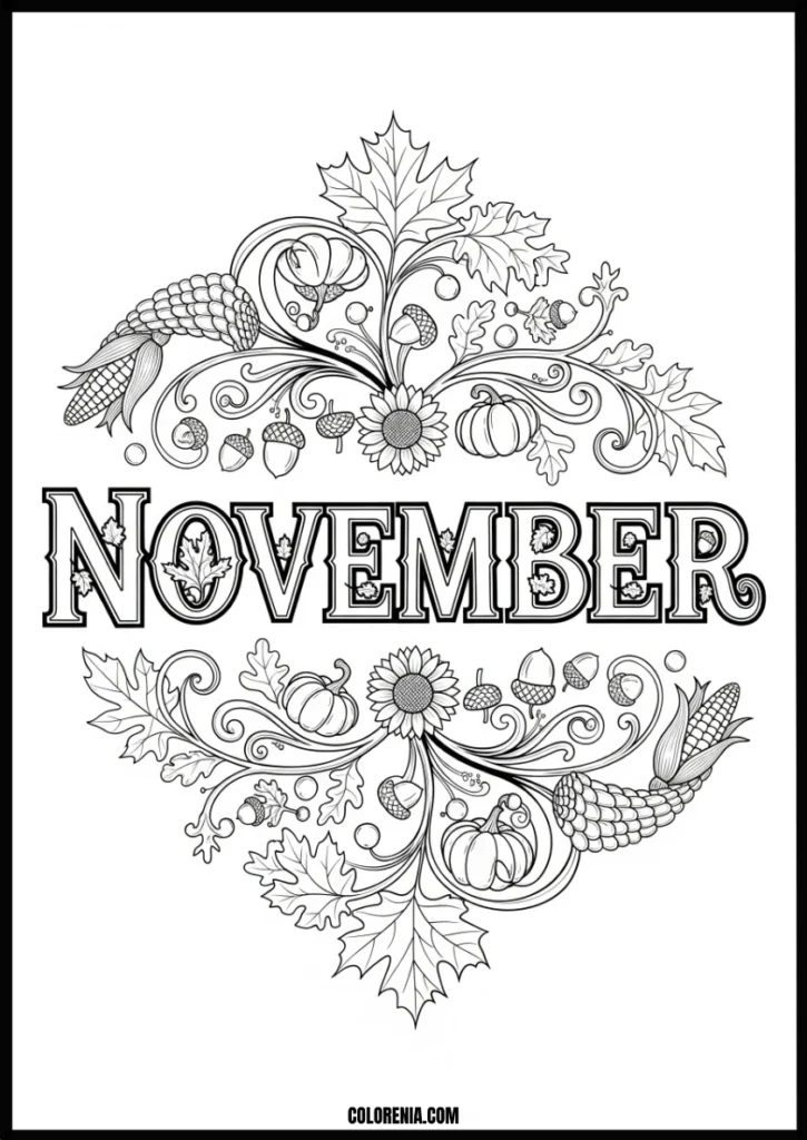 November_Autumn_Harvest_Coloring_Page_with_Pumpkins,_Corn,_and_Leaves