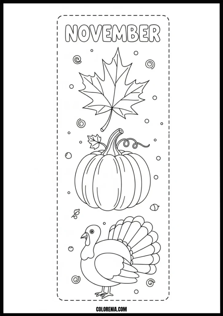 November_Fall_Bookmark_Coloring_Page_for_Kids-_Turkey,_Pumpkin,_and_Maple_Leaf