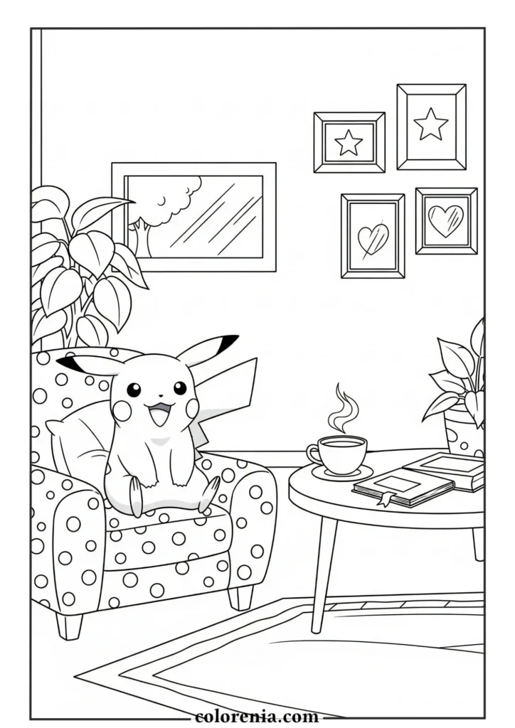 Pikachu at home coloring page – cute pokemon drawing.
