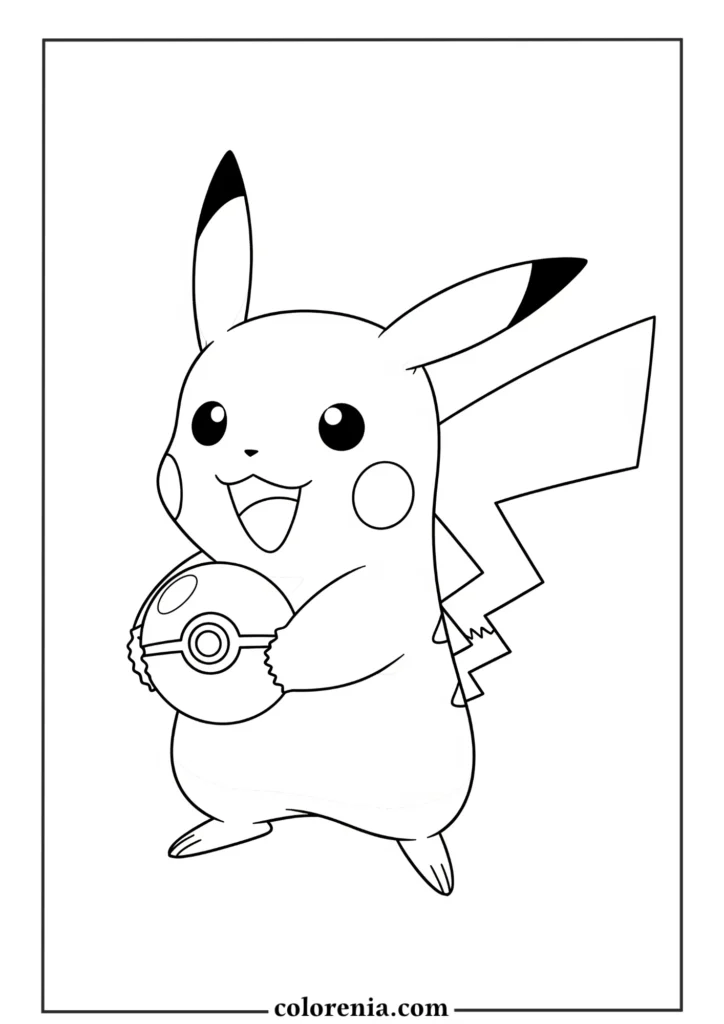 Pikachu holding a ball – simple pokemon coloring page for children.