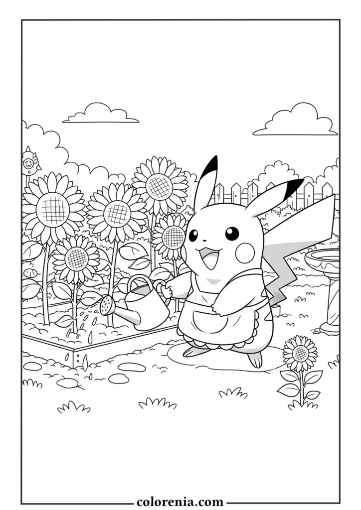 Pikachu in nature – free printable pokemon coloring sheet.