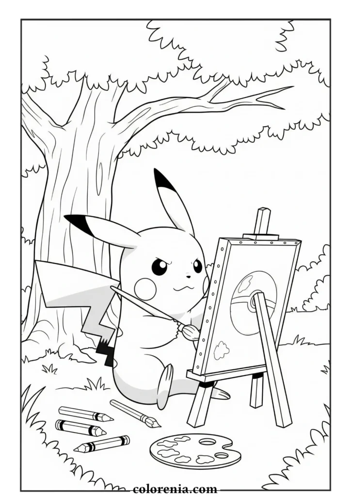 Pikachu in the forest – free printable pokemon coloring.