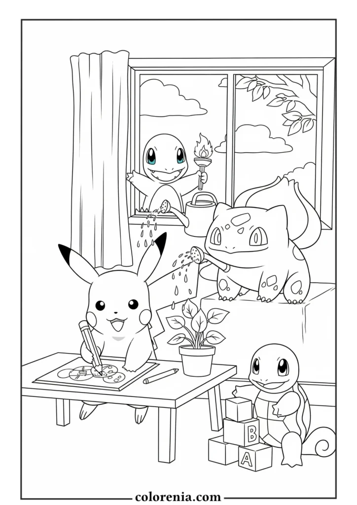 Pikachu in the kitchen – fun pokemon coloring page.