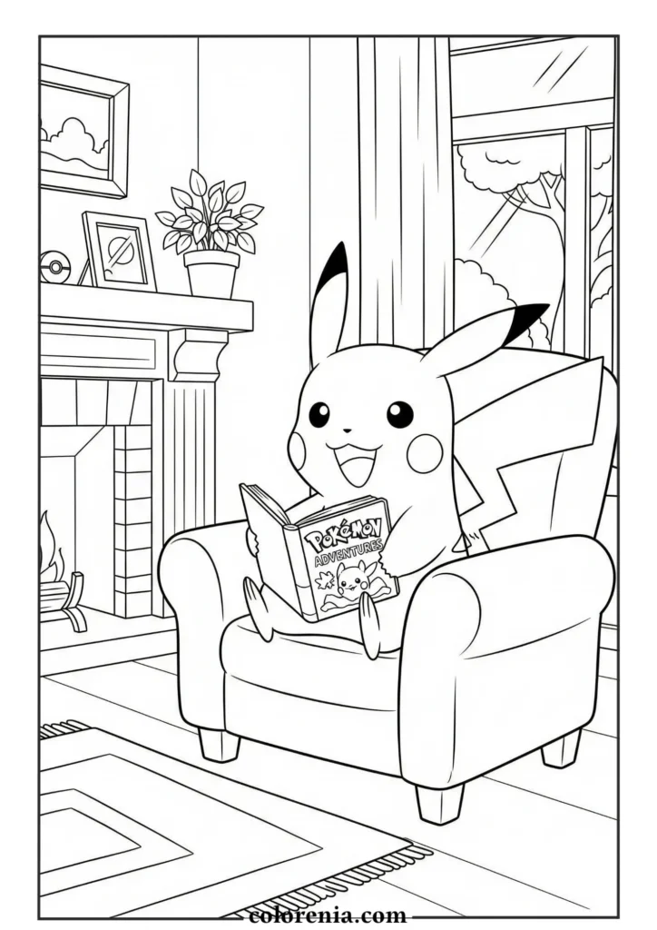 Pikachu in the living room – fun pokemon coloring activity.