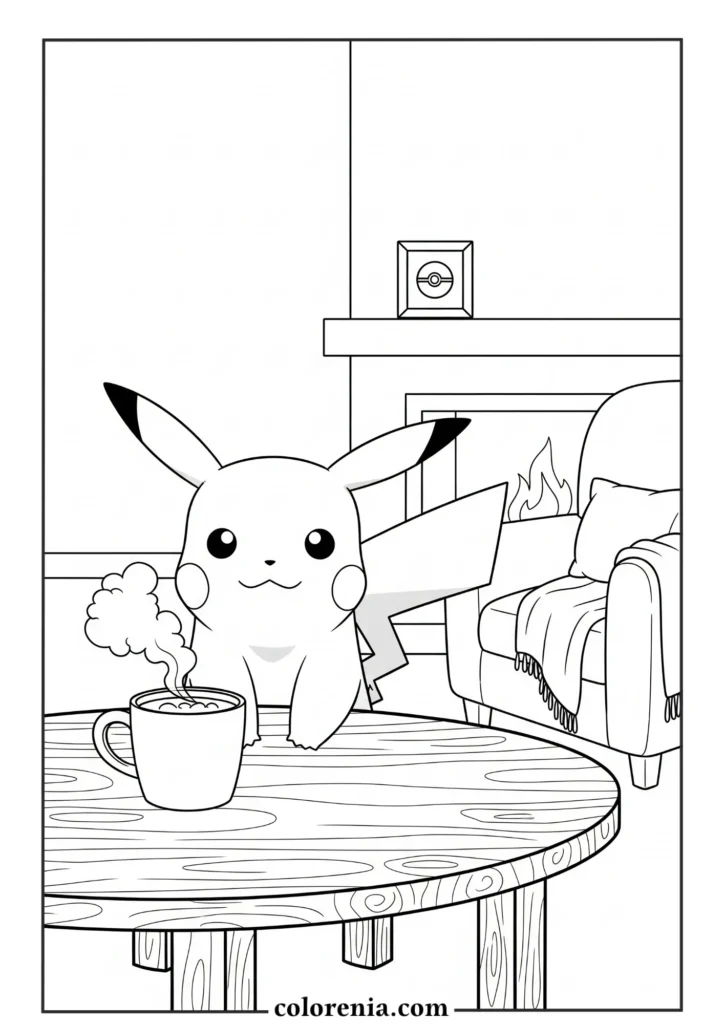 Pikachu on the couch – pokemon coloring page for kids.