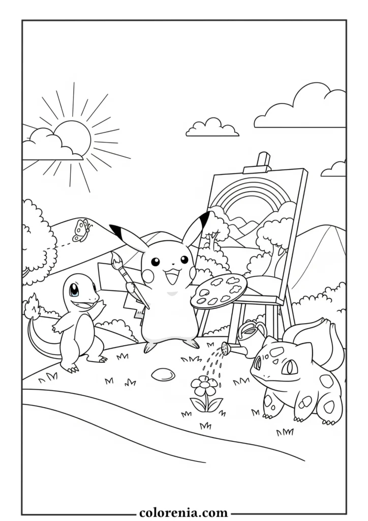 Pikachu outdoors coloring page – fun printable pokemon coloring.