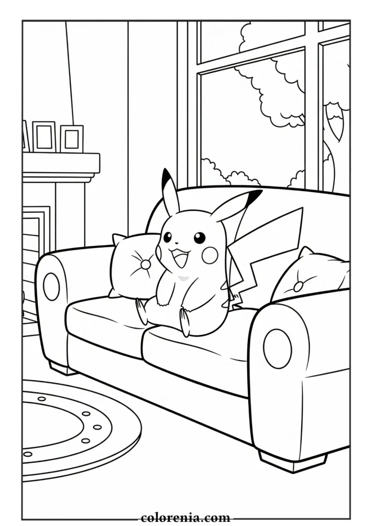 Pikachu relaxing – printable pokemon coloring sheet.