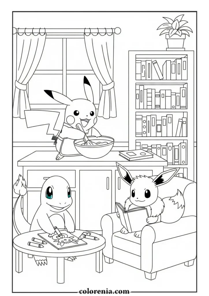 Pikachu studying – fun pokemon coloring page for children.