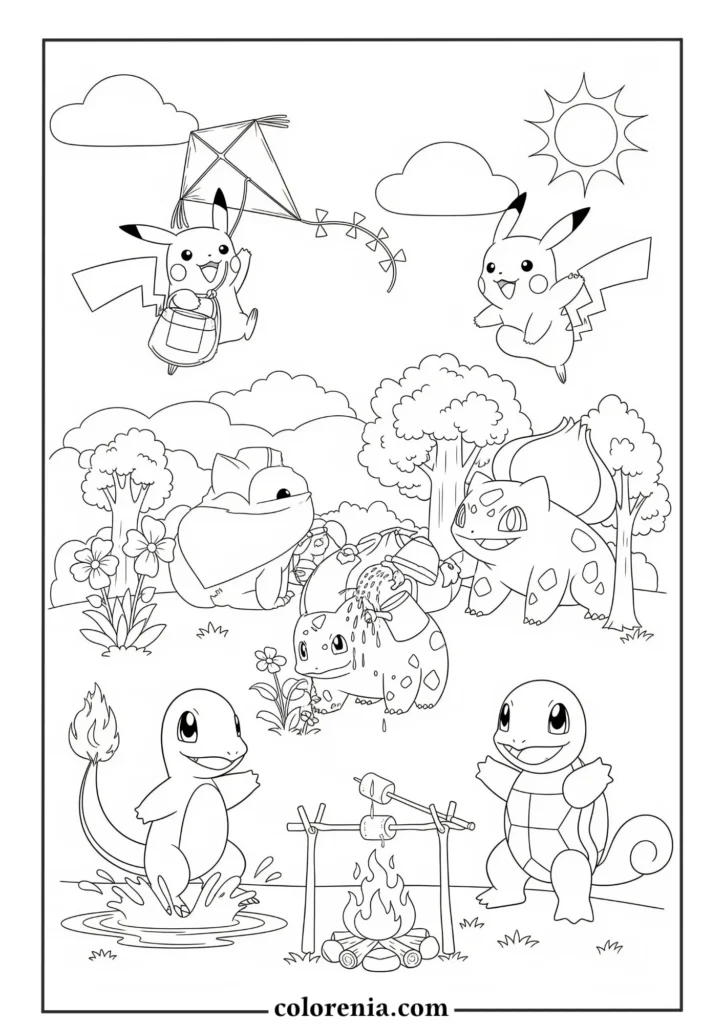 Pikachu with friends coloring page – cute pokemon activity.