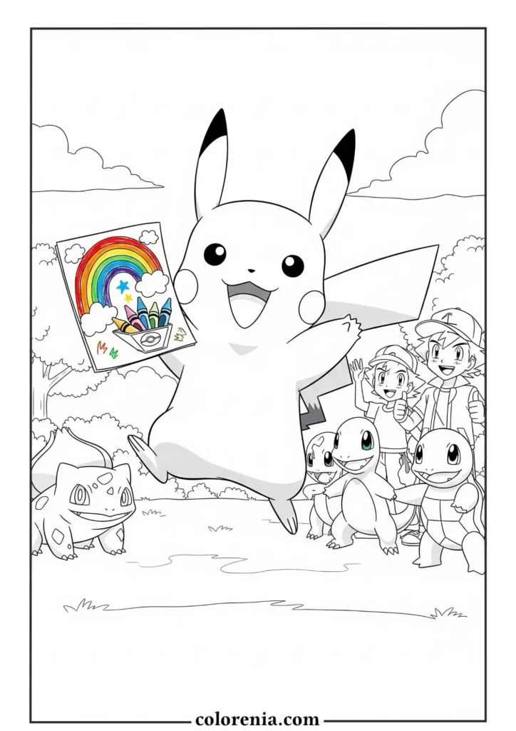 Pikachu with rainbow – fun printable pokemon coloring sheet.
