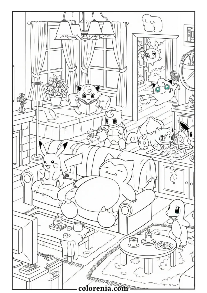 Pikachu with toys – free printable pokemon coloring sheet.