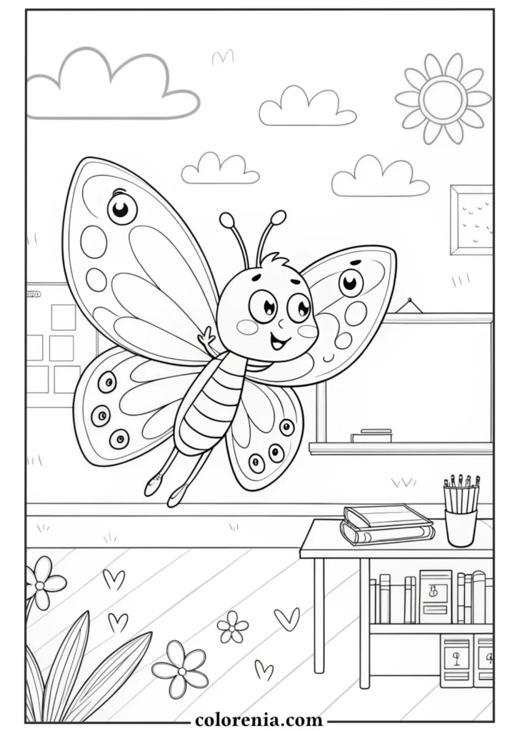 Printable butterfly coloring page with city view.