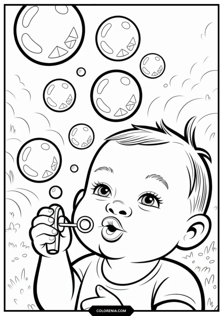 Pursed lips, cheeks puffed out, simple bubble wand