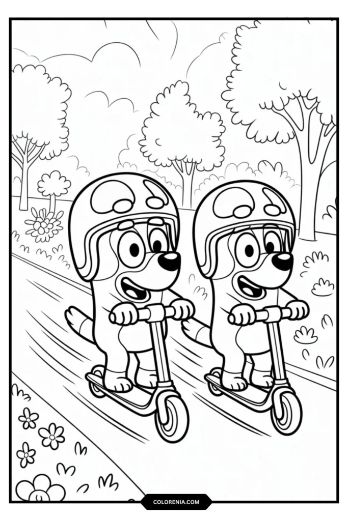 Scooter Riders Bluey and Bingo Coloring Page