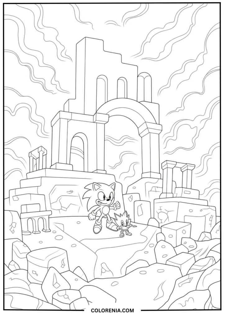 Sonic and Tails exploring ancient ruins floating in the sky